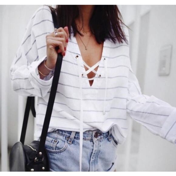 Rails Lily Positano Stripe Linen Tunic Top Size XS White Blue Stripes Flowy - Picture 11 of 11